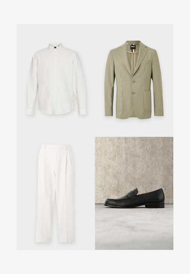 Blazer vert olive clair pour homme avec revers crantés, deux boutons sur le devant, poches plaquées, poche poitrine, et détail de col intérieur rayé.; Chemise blanche à manches longues avec fines rayures verticales et col pointu, affichée à plat sur fond blanc.; Pantalon blanc sur mesure avec une coupe droite, présentant des plis, un devant plat et une texture de tissu lisse. Aucune poche ni accent visible.; Mocassin en cuir noir flottant au-dessus d'un tapis beige avec une table ronde brune brillante en arrière-plan.
