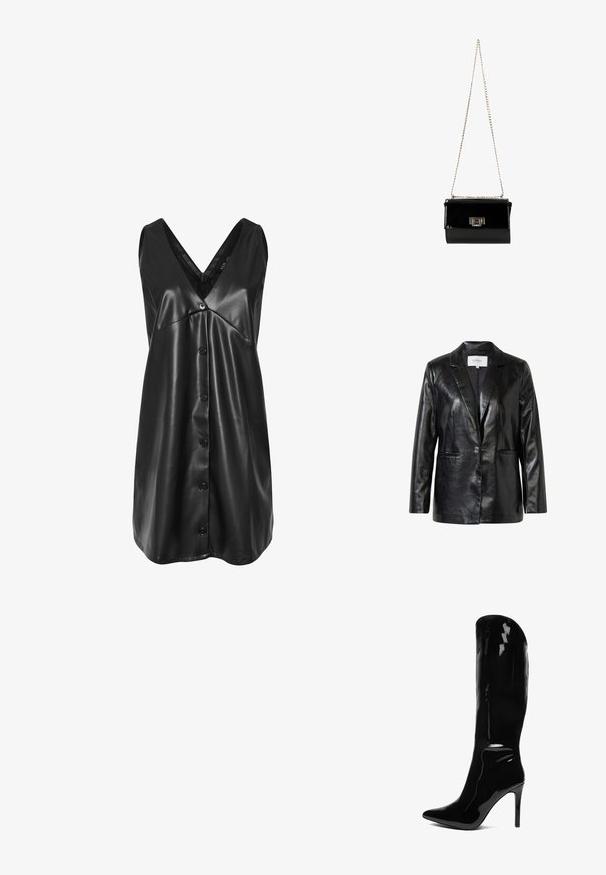 Zwarte leren blazer met een notch-revers, enkele knoopsluiting en twee voorzakken met een gladde, glanzende textuur.; Zwarte mouwloze neplederen jurk met V-hals, knopen aan de voorkant en licht uitlopende zoom.; Kniehoge, patenten zwarte stiletto laars met een puntige neus. De gladde textuur en het hoge ontwerp creëren een slanke, aansluitende silhouet.; Zwarte gepatineerde leren handtas met een gouden schouderband, rechthoekige vorm, voorzien van een flapsluiting aan de voorkant en een metallic logo accent.