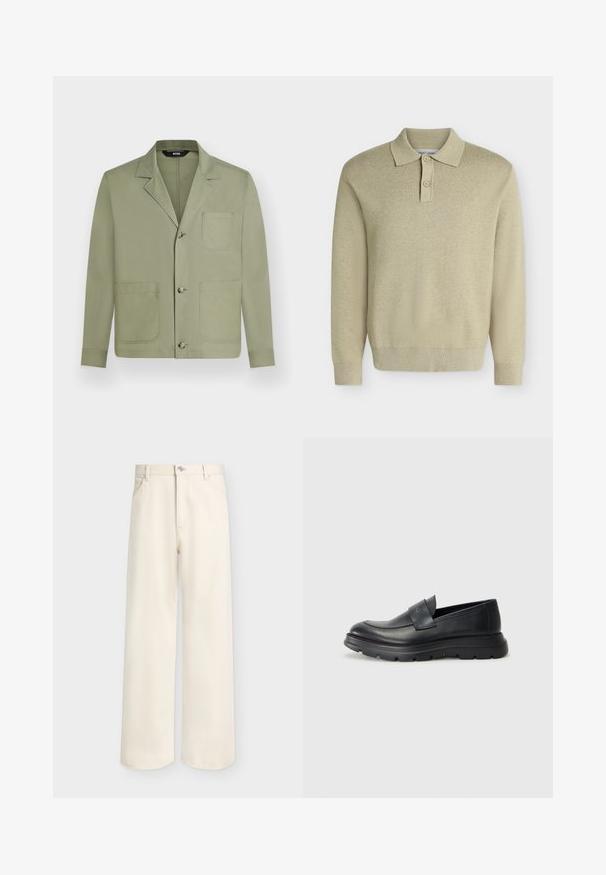 Veste décontractée homme vert olive clair avec trois boutons sur le devant et trois grandes poches plaquées, dont une poche poitrine.; Polo beige à manches longues avec col et deux boutons, poignets et ourlet côtelés, présenté sur un fond clair uni.; Pantalon large couleur blanc cassé avec bouton et fermeture éclair à l'avant, passants pour ceinture et deux poches avant, présenté sur un fond uni.; Chaussure slip-on en cuir noir avec un bout arrondi, une tige texturée et une semelle en caoutchouc épaisse dotée d'un motif de traction. Détails de design minimalistes.