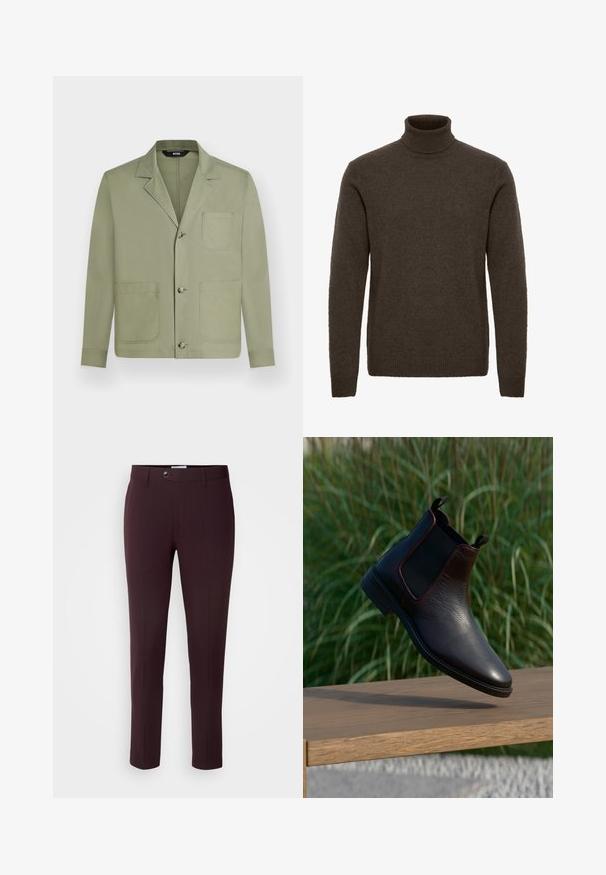 Kevyt oliivinvihreä miesten rento takki, jossa on kolme etunappia ja kolme isoa paikkataskua, mukaan lukien yksi rintatasku.; Ruskea pooloneule, joka on valmistettu pehmeästä neulemateriaalista. Siinä on tiukka istuvuus, pitkät hihat sekä resorit hihoissa ja helmassa. Yksinkertainen ja klassinen muotoilu.; Tumman viininpunaiset housut, joissa on kapea malli. Varustettu napilla suljettuna, vyölenkeillä ja etusommuksilla. Sujuva kangas ja tyylikäs muotoilu.; Musta nahkainen Chelsea-saapas, jossa on teksturoitu pinta, joustavat sivupaneelit ja lenkkitapit. Vankka pohja ja tyylikäs, teräväkärkinen muotoilu.