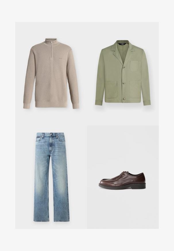 Veste décontractée homme vert olive clair avec trois boutons sur le devant et trois grandes poches plaquées, dont une poche poitrine.; Pull beige en maille gaufrée, manches longues, col montant à demi-fermeture éclair, poignets et ourlet côtelés, présenté sur fond blanc.; Jean droit en denim bleu clair avec taille haute, cinq poches, fermeture à boutons et léger délavage sur les cuisses et les genoux.; Chaussure habillée en cuir marron avec un bout arrondi, des accents de couture minimum, et une semelle noire robuste. Présente un système de laçage et une texture lisse.