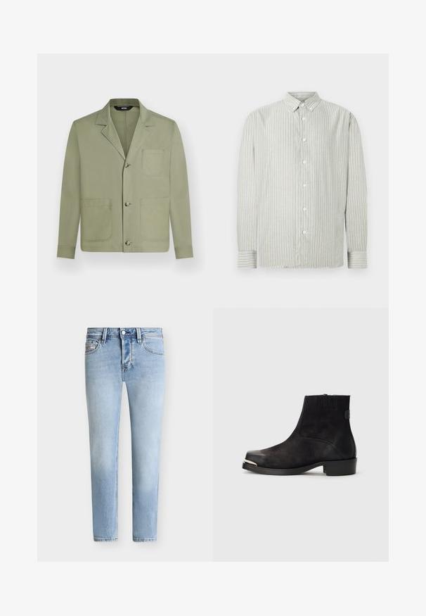 Veste décontractée homme vert olive clair avec trois boutons sur le devant et trois grandes poches plaquées, dont une poche poitrine.; Chemise à rayures en gris clair et blanc, avec un col classique et des manches longues avec des détails aux poignets. Texture de tissu douce.; Jean slim bleu clair avec bouton à l'avant, fermeture éclair et design à cinq poches sur fond blanc.; Bottine noire en matériaux en daim et cuir, à bout rond, petit talon, accent métallique argenté sur le bout et panneaux latéraux élastiques.