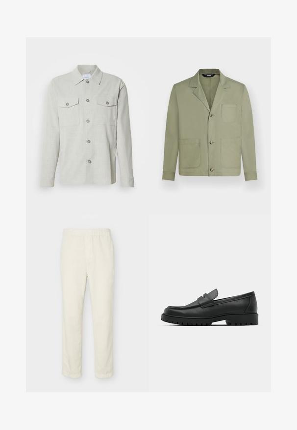 Veste décontractée homme vert olive clair avec trois boutons sur le devant et trois grandes poches plaquées, dont une poche poitrine.; Chemise boutonnée gris clair, en tissu texturé, avec un col, deux poches poitrine et cinq boutons sur le devant.; Pantalon droit couleur blanc cassé avec taille élastique et détails minimalistes, présenté sur un fond clair uni.; Mocassins en cuir noir à bout arrondi, avec un design cousu, une semelle plateforme basse et une semelle en caoutchouc texturée et crantée.