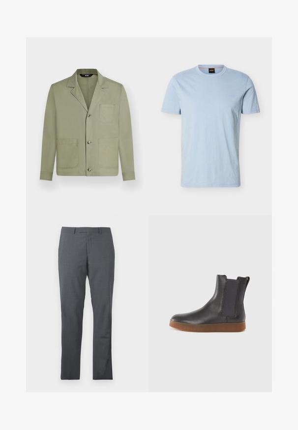 Let lys olivengrøn mænds casual jakke med tre knapper foran og tre store påsyede lommer, inklusive en brystlomme.; Lyseblå T-shirt med korte ærmer og rund hals, med et diskret "BOSS"-logo på brystet og et sort mærke med orange "BOSS"-etiket indeni kraven.; Grå dressbukser med et glat, struktureret stof. Slim fit design, flad front og ingen synlige udsmykninger eller lommer.; Sort læder ankelstøvle med elastiske sidepaneler, rund tå og en tan farvet gummisål. Glat tekstur og elegant design med minimal detaljering.