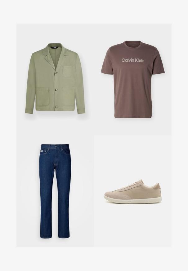Let lys olivengrøn mænds casual jakke med tre knapper foran og tre store påsyede lommer, inklusive en brystlomme.; Brun T-shirt med korte ærmer og rund hals med "Calvin Klein" logo tekst centreret på brystet.; Mørkeblå denim jeans med lige ben sammen design, der har lynlås og knaplukning, fem lommer og subtile stikninger.; Beige sneakers lavet af en blanding af ruskind og lærred, med snørebånd, rund tå, textureret sål og et subtilt brandlogo på siden.