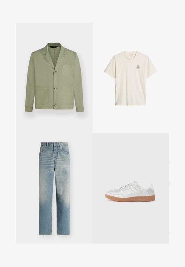 Veste décontractée homme vert olive clair avec trois boutons sur le devant et trois grandes poches plaquées, dont une poche poitrine.; T-shirt écru à manches courtes et col rond avec petit logo circulaire « M OP » imprimé sur la poitrine gauche.; Jean bleu clair à jambes droites avec taille haute, légère décoloration et détails subtils usés près des poches avant et des cuisses.; Baskets argentées avec une texture lisse, un design à lacets, des accents perforés et une semelle en caoutchouc marron texturé.