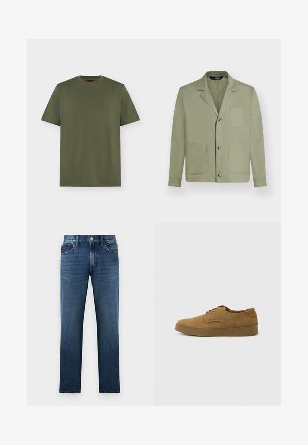 Veste décontractée homme vert olive clair avec trois boutons sur le devant et trois grandes poches plaquées, dont une poche poitrine.; T-shirt vert olive à manches courtes et col rond avec un logo discret "BOSS" centré sur la poitrine, design uni sur fond gris clair.; Jean en denim bleu foncé à coupe droite avec fermeture à bouton et fermeture éclair à l'avant, poches avant et arrière, présenté sur fond blanc.; Chaussure décontractée à lacets en daim marron avec semelle en caoutchouc plate, vue de côté sur un fond clair uni.