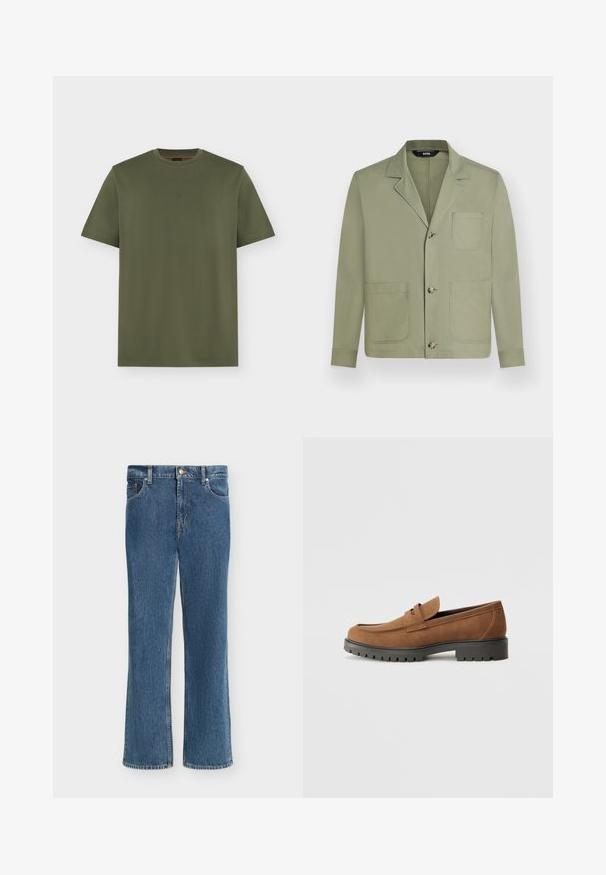 Veste décontractée homme vert olive clair avec trois boutons sur le devant et trois grandes poches plaquées, dont une poche poitrine.; T-shirt vert olive à manches courtes et col rond avec un logo discret "BOSS" centré sur la poitrine, design uni sur fond gris clair.; Jean en denim bleu à coupe droite, fermeture avant par bouton et fermeture éclair, et conception à cinq poches sur fond blanc uni.; Mocassins en daim marron avec un bout arrondi et une semelle noire en caoutchouc basse, présentant une sangle décorative et des détails de couture sur le dessus.