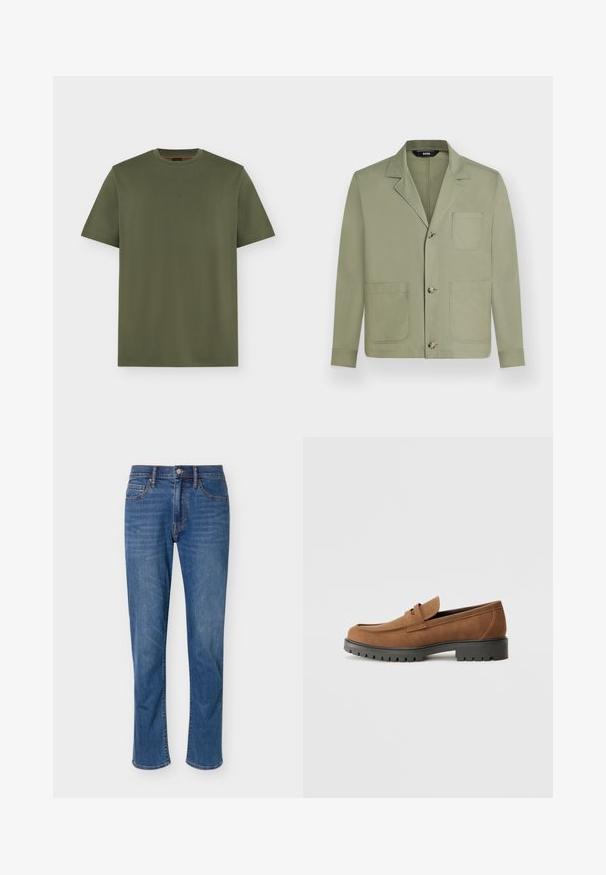 Veste décontractée homme vert olive clair avec trois boutons sur le devant et trois grandes poches plaquées, dont une poche poitrine.; T-shirt vert olive à manches courtes et col rond avec un logo discret "BOSS" centré sur la poitrine, design uni sur fond gris clair.; Jean droit bleu en denim avec fermeture devant à bouton et zip, cinq poches et légère décoloration aux cuisses.; Mocassins en daim marron avec un bout arrondi et une semelle noire en caoutchouc basse, présentant une sangle décorative et des détails de couture sur le dessus.