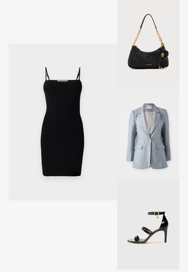 Lys blå dames blazer med enkelt knap, skødeflapper, klaplommer og stribet indvendig for, vist fladt på hvid baggrund.; Sort ribbet strikket kjole med tynde justerbare stropper og lige udskæring. Tæt pasform, minimalistisk design og ingen synlige mønstre eller accenter.; Sorte patenterede lædersandaler med tre stropper, ankelspænde og 10 cm stiletthæl. Har detaljer i guld og et logo charms.; Sort Michael Kors skuldertaske med guldkæde rem, gulddraglås og en sort blomst charm med guldt MK logo.