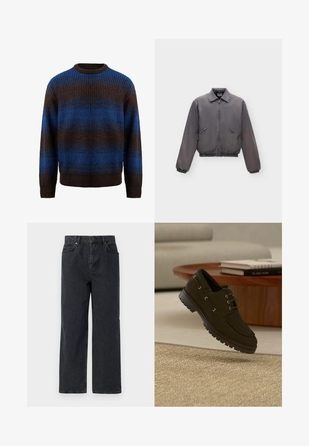 Dark gray zip-up jacket with a collar, elastic cuffs, and hem, featuring two slanted front pockets on a plain background.; Knitted sweater in brown and blue with a ribbed texture, featuring horizontal stripes and a crew neckline. Long sleeves with ribbed cuffs.; Dark blue denim trousers with a wide leg, five-pocket design, and a button closure. Includes copper-tone hardware and subtle texture.; Black leather lace-up shoe with thick rubber sole hovering over beige textured carpet near wooden coffee table and stacked books.