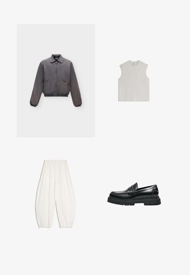 Dark gray zip-up jacket with a collar, elastic cuffs, and hem, featuring two slanted front pockets on a plain background.; Sleeveless light gray tank top made of soft cotton, features a round neckline, relaxed fit, and minimalistic design without embellishments.; White wide-leg trousers with pleats at the waist and elasticated hems, designed with belt loops and a front zipper closure.; Black leather loafer with thick lug sole and penny strap detailing, shown from side view on white background.