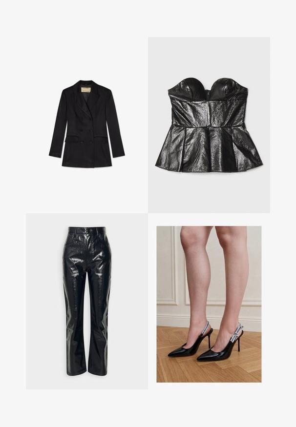 Sort dobbeltradet blazer med reverskrave, seks knapper, to forlommer med klap og lange ærmer fra Trussardi.; Sara Battaglia SWEETHEART - Top - black; Abercrombie & Fitch CLASSIC PATENT 90S STRAIGHT - Bukser - approved black; Kvinde iført sorte laklæder høje hæle slingback sko med hvide mærkede stropper, står på trægulv.
