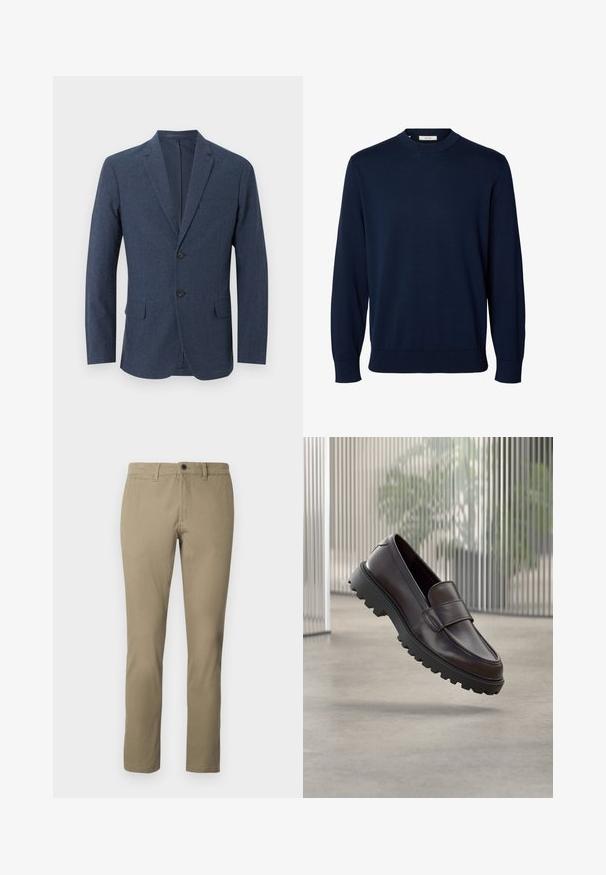Blazer pour homme bleu marine à deux boutons, avec revers crantés, poche poitrine et deux poches à rabat à l'avant.; Pull bleu marine à manches longues et col rond, avec poignets et bas côtelés, étiqueté Selected au niveau du col.; Chinos kaki en mélange de coton, avec une coupe droite, une taille standard avec fermeture à bouton et des poches latérales.; Chaussure à enfiler en cuir marron avec un bout rond et une semelle en caoutchouc noire robuste. Présente une bride décorative traversant le coup de pied.