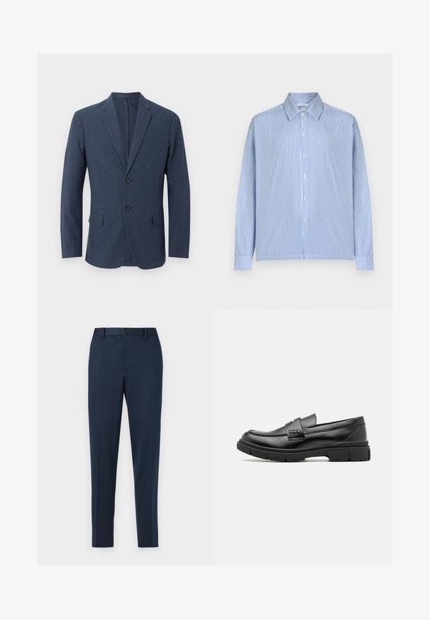 Blazer para hombre azul marino con dos botones, solapas con muesca, bolsillo en el pecho y dos bolsillos con solapa en la parte frontal.; Camisa de manga larga a rayas verticales en azul claro y blanco, con cierre de botones en la parte delantera y cuello puntiagudo, mostrada sobre un fondo liso.; Pantalones de vestir azul marino con corte recto, con cierre de botón y trabillas para el cinturón. Hechos de una tela suave y ligera.; Mocasin de cuero negro con una cinta ancha en el empeine, suela de goma con tacos gruesos y textura suave. Diseño clásico y elegante.