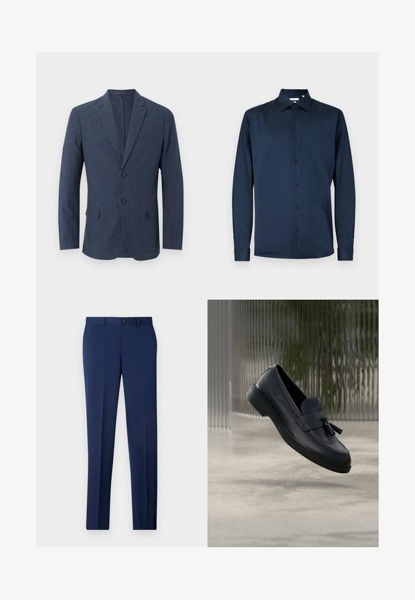Marineblauw herensblazer met twee knopen, inkeping revers, borstzak en twee klepzakken aan de voorkant.; Marineblauw overhemd met lange mouwen, gemaakt van gladde stof, met een klassieke kraag, volledige knoopsluiting en geplooide manchetten met knopen.; Marine formele broeken met een slim fit, een vlakke voorkant en een soepele textuur. Kenmerken zijn een enkele knoopsluiting en riemlussen.; Zwarte leren loafers met een gladde textuur, een afgeronde neus en decoratieve kwastjes aan de voorkant. Flexibele rubberen zool met lage hak.