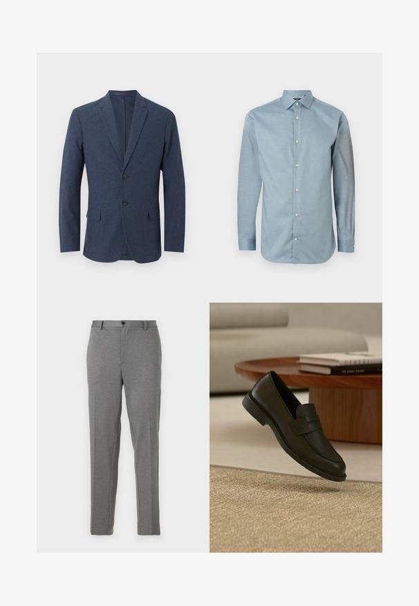 Blazer para hombre azul marino con dos botones, solapas con muesca, bolsillo en el pecho y dos bolsillos con solapa en la parte frontal.; Camisa abotonada azul claro con un patrón texturizado, mangas largas y un cuello clásico. Presenta botones blancos y un dobladillo curvado.; Pantalones gris ajustados que presentan una textura suave, un ligero patrón, cierre de cremallera y botón, con bolsillos frontales y piernas acampanadas.; Zapato mocasín de cuero negro mostrado en el aire sobre una alfombra beige tejida, con una mesa de madera y libros apilados en una sala de estar con luz suave.