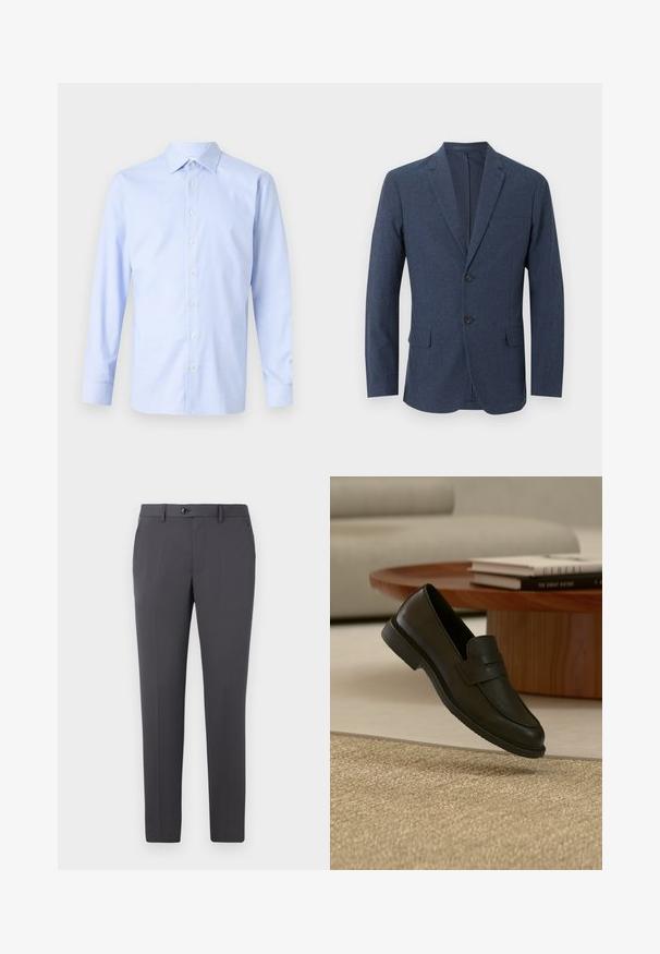Marineblauw herensblazer met twee knopen, inkeping revers, borstzak en twee klepzakken aan de voorkant.; Lichtblauwe shirt met lange mouwen, voorzien van een geruit patroon, knoopsluiting aan de voorkant, puntige kraag en een subtiele textuur. Perfecte pasvorm met knoopmanchetten.; Grijze broek gemaakt van gladde stof, met een rechte pasvorm, knoopsluiting, riemlussen en zijzakken. Eenvoudig en functioneel ontwerp.; Zwarte leren loafer schoen getoond in de lucht boven een beige geweven tapijt, met een houten tafel en gestapelde boeken in een zacht verlichte woonkamer.