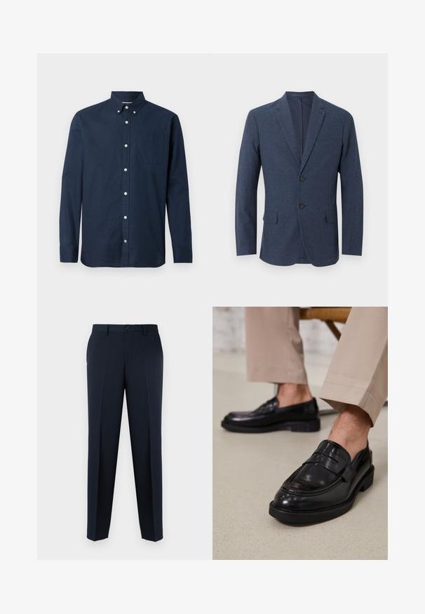 Marineblauw herensblazer met twee knopen, inkeping revers, borstzak en twee klepzakken aan de voorkant.; Navyblauwe langemma shirt van lichtgewicht stof met een button-down kraag, een voorzak en witte knopen. Soepele textuur.; Navyblauwe op maat gemaakte broek met een knoop- en ritsopening, ceintuurlussen en ingeperste plooien langs elk been.; Zwarte leren loafers met een gladde afwerking, voorzien van een decoratieve band en contrasterende stiksels, gecombineerd met beige broeken.