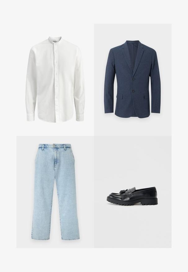 Blazer pour homme bleu marine à deux boutons, avec revers crantés, poche poitrine et deux poches à rabat à l'avant.; Chemise blanche à manches longues avec col mao et fermeture à boutons sur le devant, présentant un tissu lisse et uni ainsi que des poignets étroits.; Jean en denim bleu clair taille haute à jambes droites avec poches avant, passants pour ceinture, fermeture par bouton et zip.; Mocassins en cuir noir avec une finition brillante, semelle en caoutchouc épaisse et détail de frange décoratif à l'avant.