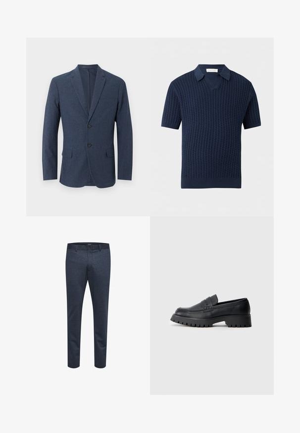 Marineblauw herensblazer met twee knopen, inkeping revers, borstzak en twee klepzakken aan de voorkant.; Marineblauw kortemouw gebreid poloshirt met kabelpatroon en een V-hals kraag tegen een lichtgrijze achtergrond.; Marineblauwe broek van textuurstof met een slim fit, voorzien van een knoopsluiting en ceintuurlussen, geschikt voor zowel casual als formele gelegenheden.; Zwarte leren instappers met een ronde neus, voorzien van een decoratieve riem en een stevige rubberen zool met diepe groeven voor grip.