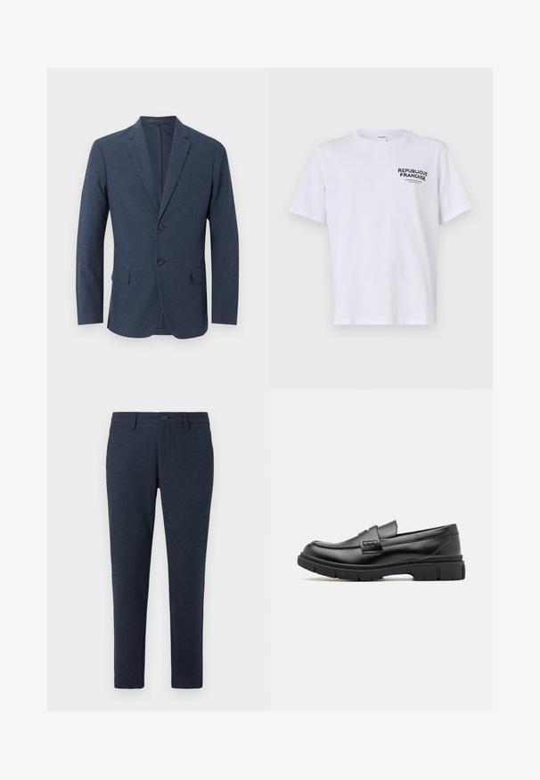 Marineblauer Herrenblazer mit zwei Knöpfen, Kerbkragen, Brusttasche und zwei Klappentaschen vorne.; Weißes Baumwoll-T-Shirt mit kurzen Ärmeln und Rundhalsausschnitt. Der Druck auf der linken Brust trägt "REPUBLIQUE FRANCAISE" in dunkelgrüner Schrift.; Dunkelblaue Slim-Fit-Hosen mit Gürtelschlaufen, Frontknopf und vorderen Taschen, auf einem weißen Hintergrund präsentiert.; Schwarze Lederloafer mit einem breiten Riemen über dem Rist, Gummisohle mit dicken Profilen und glatter Textur. Klassisches, schlankes Design.