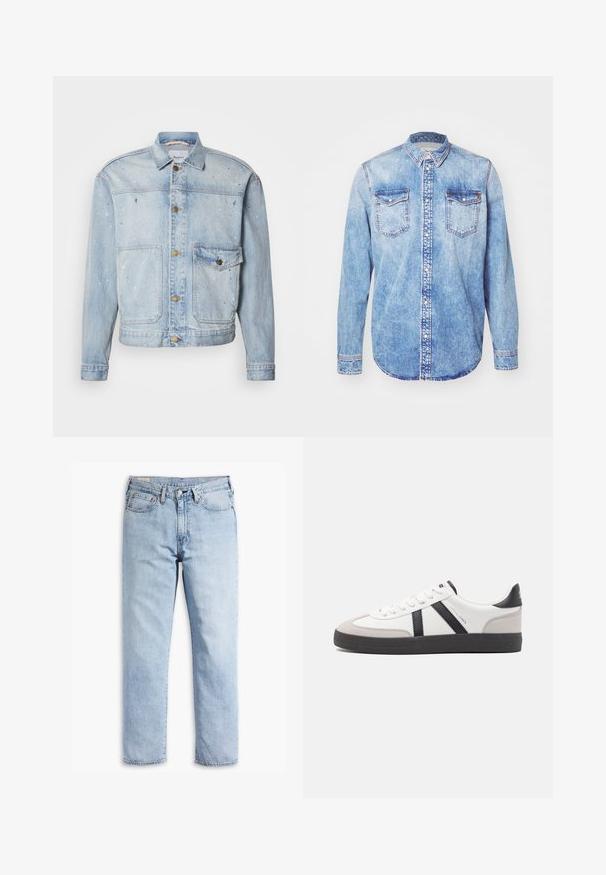 Hellblaue Jeansjacke mit durchgehender Knopfleiste, zwei Brusttaschen und Farbspritzereien für eine strukturierte Optik.; Hellblaues Denimhemd mit langen Ärmeln, Button-Down-Kragen, zwei Brusttaschen und kontrastierenden Nähten. Abgerundeter Saum und klassische Passform.; Hellblaue Denim-Jeans mit geradem Bein, fünf Taschenstil und robusten Nähten. Ausgestattet mit einem Reißverschluss und einem Metallknopf.; Weiße Sneaker mit schwarz- und grau-aczenten, ausgestattet mit einer strukturierten grauen Zehenkappe, schwarzer Gummi-Sohle und flachen weißen Schnürsenkeln. Sauberes Design, minimalistische Stil.