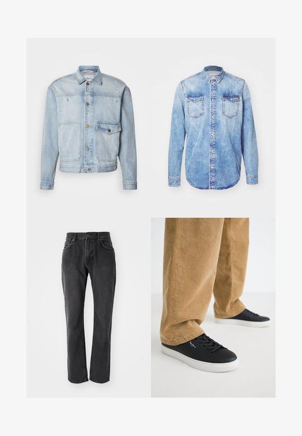 Lichtblauw spijkerjack met knoopsluiting aan de voorkant, twee borstzakken en verfspatten voor een textuurrijk uiterlijk.; Lichtblauw denim shirt met lange mouwen, button-down kraag, twee borstzakken en contrasterende stiksels. Afgeronde zoom en klassieke pasvorm.; Zwarte denim jeans met een rechte pasvorm, voorzien van vijf zakken, een knoopsluiting en gestikte details langs de naden en zakken.; Zwarte leren sneakers met witte rubberen zolen. Draagt een paar tan corduroy broeken met verticale ribbels en een ontspannen pasvorm.