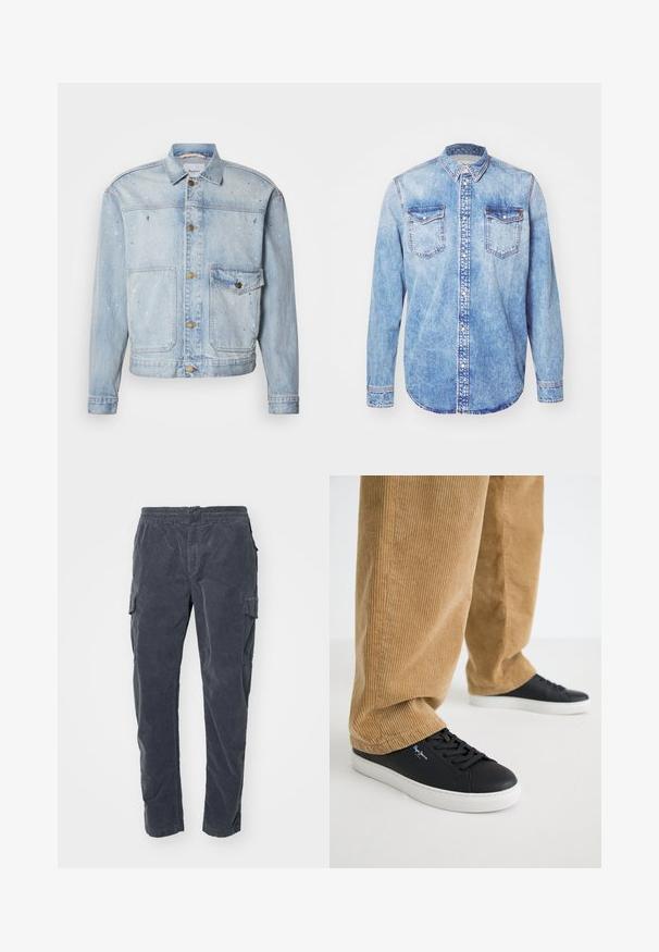 Lyseblå denimjakke med knaplukning foran, to brystlommer og malingstænkdetaljer for et tekstureret udseende.; Lysblå denimskjorte med lange ærmer, knap-ned krave, to brystlommer og kontrastsyetning. Rundet kant og klassisk pasform.; Mørkegrå cargo bukser med elastisk talje, sidelommer og et blødt, struktureret stof. Lige ben design med minimal dekoration.; Sorte lædersneakers med hvide gummisåler. Båret med tanfarvede corduroybukser med vertikale ribber og en afslappet pasform.