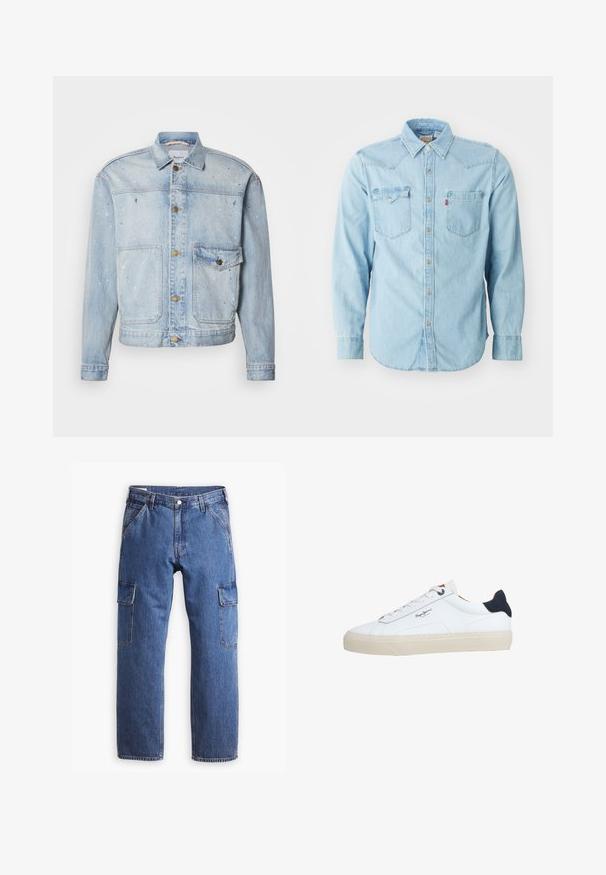 Chaqueta de mezclilla azul claro con cierre de botones en el frente, dos bolsillos en el pecho y detalles de salpicaduras de pintura para un aspecto texturizado.; Camisa de denim azul clara de manga larga con cuello puntiagudo, dos bolsillos en el pecho, botones de presión plateados y costuras en contraste. Textura suave.; Pantalones cargo de mezclilla azul con un diseño de pierna recta, dos bolsillos laterales y detalles de costura visibles. En general, estilo casual y funcional.; Zapatilla deportiva blanca de corte bajo con suela beige, cordones blancos, lengüeta trasera negra y logotipo "Pepe Jeans London" en el lateral.