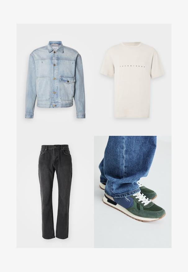 Ανοιχτό μπλε denim μπουφάν με κουμπιά μπροστά, δύο τσέπες στο στήθος και λεπτομέρειες με πιτσιλιές μπογιάς για υφή.; Ανοιχτό μπεζ μπλουζάκι φτιαγμένο από μαλακό βαμβάκι. Διαθέτει κοντά μανίκια και στρογγυλή λαιμόκοψη, με το "JACK & JONES" τυπωμένο σε μαύρο χρώμα στο στήθος.; Μαύρα τζιν παντελόνια με ευθύ κόψιμο, διαθέτουν πέντε τσέπες, κλείσιμο με κουμπί και ραφές κατά μήκος των ραφών και των τσεπών.; Πράσινα και ναυτικά αθλητικά παπούτσια με λεπτομέρειες από διχτυωτό ύφασμα και σουέτ, λευκές κορδόνες και μπεζ σόλα. Φορεμένα με μπλε τζίν παντελόνι, με την περιοχή του αστραγάλου να φαίνεται.