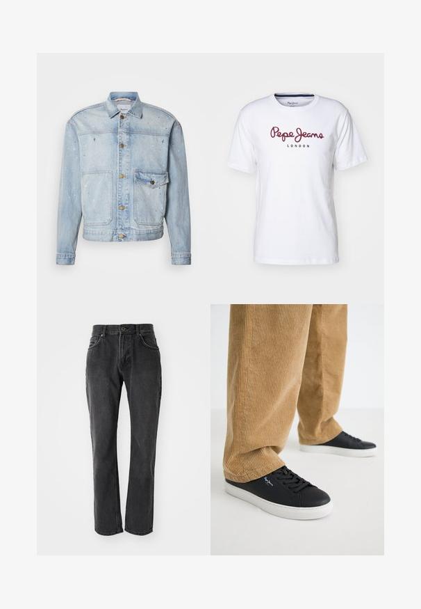 Hellblaue Jeansjacke mit durchgehender Knopfleiste, zwei Brusttaschen und Farbspritzereien für eine strukturierte Optik.; Weißes Baumwoll-T-Shirt mit maroonfarbenem "Pepe Jeans"-Logo und dem Text "LONDON", Rundhalsausschnitt, kurze Ärmel und lässige Passform.; Schwarze Denim-Jeans mit geradem Schnitt, ausgestattet mit fünf Taschen, einem Knopfverschluss und genähten Details entlang der Nähte und Taschen.; Schwarze Ledersneaker mit weißen Gummisohlen. Getragen mit beigen Cordhosen, die vertikale Rippungen und eine lockere Passform aufweisen.