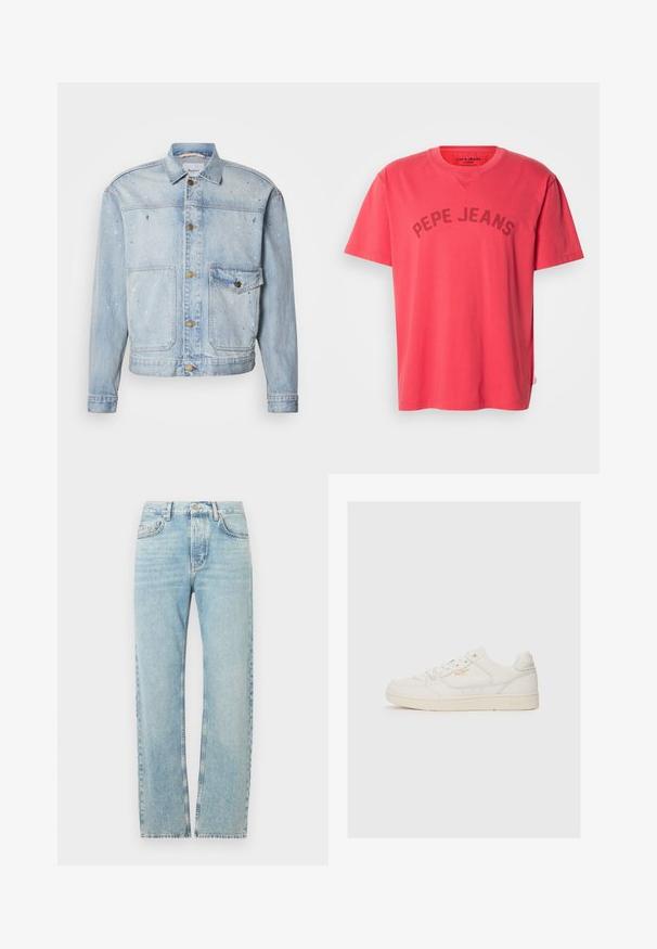 Veste en jean bleu clair avec fermeture à boutons, deux poches poitrine et éclaboussures de peinture pour un aspect texturé.; T-shirt en coton corail à manches courtes et col rond. Présente l'inscription "PEPE JEANS" imprimée en lettres foncées sur la poitrine.; Jean en denim bleu clair avec une coupe droite, doté d'une taille classique, de cinq poches et d'un léger effet délavé sur le tissu.; Sneaker en cuir blanc avec une texture lisse, comportant des accents perforés, un laçage à l'avant, et un logo subtil en doré près du côté.
