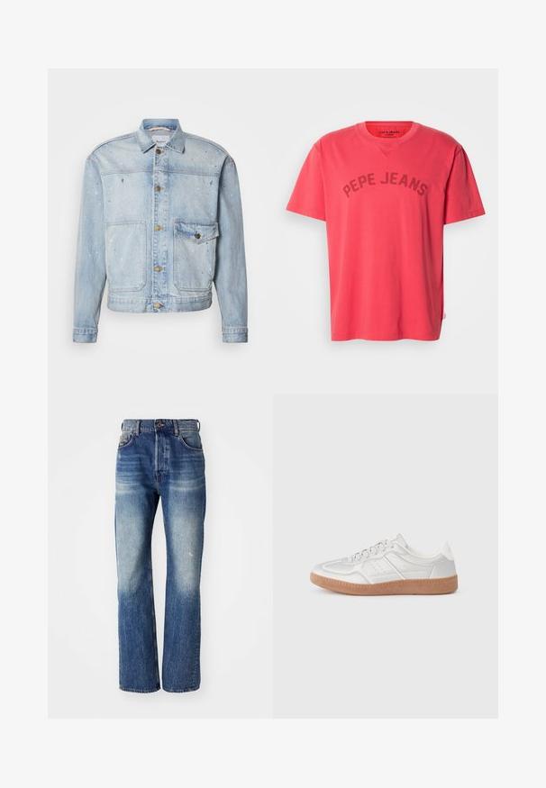 Lyseblå denimjakke med knaplukning foran, to brystlommer og malingstænkdetaljer for et tekstureret udseende.; Koralfarvet bomulds-T-shirt med korte ærmer og rund halsudskæring. Har "PEPE JEANS" trykt i mørke bogstaver hen over brystet.; Blå denim jeans med lige ben-design, der har lys falmning og let whiskering fortil. Standard fem-lomme stil.; Sølv sneakers med en glat overflade, snørebånd, perforerede detaljer og en struktureret brun gummi sål.
