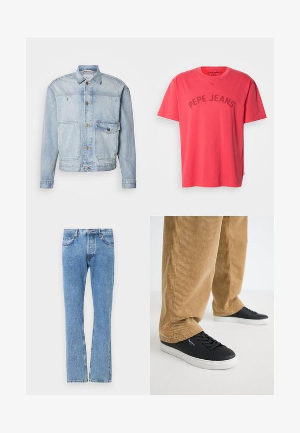Lyseblå denimjakke med knaplukning foran, to brystlommer og malingstænkdetaljer for et tekstureret udseende.; Koralfarvet bomulds-T-shirt med korte ærmer og rund halsudskæring. Har "PEPE JEANS" trykt i mørke bogstaver hen over brystet.; Lyseblå denim jeans med lige ben, fem lommer og kontrasterende syninger. Standard talje med knaplukning.; Sorte lædersneakers med hvide gummisåler. Båret med tanfarvede corduroybukser med vertikale ribber og en afslappet pasform.