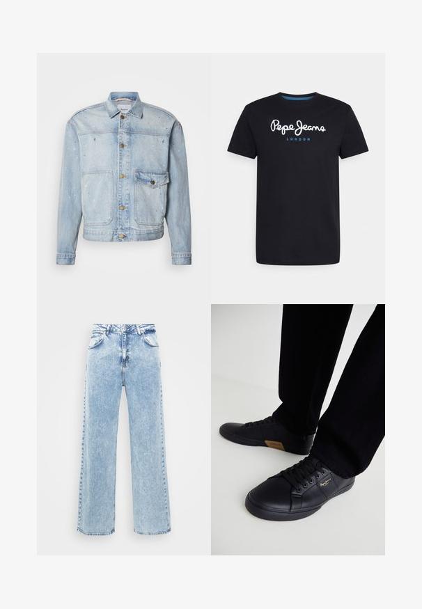 Hellblaue Jeansjacke mit durchgehender Knopfleiste, zwei Brusttaschen und Farbspritzereien für eine strukturierte Optik.; Schwarzes Baumwoll-T-Shirt mit einem weißen Schriftlogo "Pepe Jeans" und blauen Akzenten, Rundhals und kurzen Ärmeln. Einfaches, schlichtes Design.; Helle blaue Denim-Jeans mit weitem Bein, fünf Taschen und einer Knopfleiste. Die Jeans weist dezente Waschungen und kontrastierende Nähte auf.; Schwarze Sneakers aus Leder mit schlankem Design, ausgestattet mit einer strukturierten Oberfläche, runder Schuhspitze und schwarzen Schnürsenkeln. Goldenes Logo-Detail an der Seite.