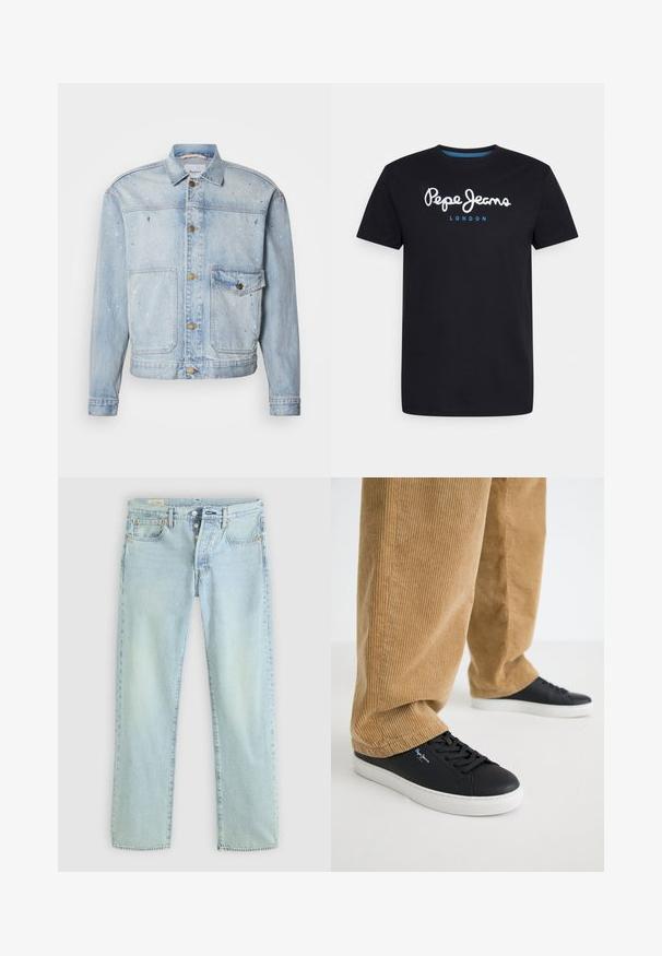Lyseblå denimjakke med knaplukning foran, to brystlommer og malingstænkdetaljer for et tekstureret udseende.; Sort bomulds T-shirt med et hvidt skriftskriftlogo "Pepe Jeans" med en blå accent, rund hals og korte ærmer. Enkel, ensfarvet design.; Lyseblå denimjeans med lige pasform, fem lommer, knapgylp og subtil falming. Har syninger og kobbernitter som detaljer.; Sorte lædersneakers med hvide gummisåler. Båret med tanfarvede corduroybukser med vertikale ribber og en afslappet pasform.
