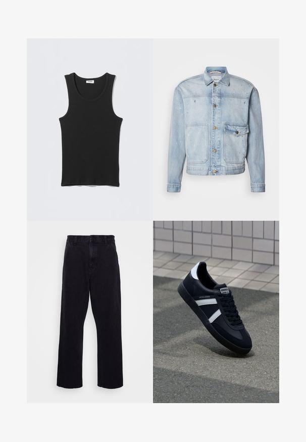 Veste en jean bleu clair avec fermeture à boutons, deux poches poitrine et éclaboussures de peinture pour un aspect texturé.; Débardeur noir côtelé sans manches avec encolure ronde, posé à plat sur un fond gris clair. L'étiquette indique « WEEKDAY ».; Pantalons en denim noir avec une coupe droite, dotés d'une fermeture à bouton et à zip, de passants de ceinture et de coutures minimales.; Sneaker en cuir noir avec des rayures blanches, semelle en caoutchouc texturée et devant à lacets. Présente une étiquette de marque sur la languette.