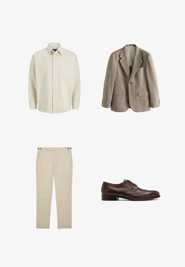 Brun og hvid hundetandmønstret herreblazer med hakkede revers, to frontlommer med klap, enkelt knaplukning og et blåt mønstret lommetørklæde.; Beige corduroy skjorte med knaplukning foran, krave, lange ærmer og en enkelt brystlomme. Har smalle lodrette striber.; Beige skræddersyede bukser med forlommer, knappede sidebånd ved linningen og en slank, lige benpasform.; Brune læder snørebåndssko med brogue-detaljer, en rund tå og en solid sort hæl, med en glat tekstur og klassisk design.