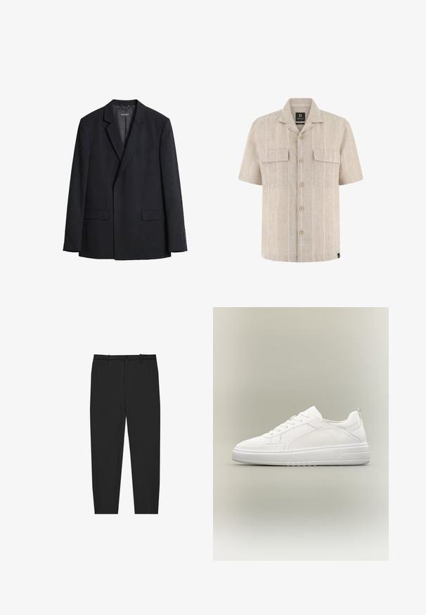 Blazer negro de hombre de un solo botón con solapas con muesca, tres botones en los puños, bolsillos con solapa y bolsillo de ojal en el pecho, colgado contra fondo blanco.; Camisa beige de manga corta con botones, con sutiles rayas verticales y dos bolsillos con solapa en el pecho.; Pantalones negros con un corte ajustado, fabricados en un tejido suave. Cuentan con un cierre de botón, pasadores para cinturón y piernas acampanadas. Sin patrones ni acentos.; Zapatilla blanca de corte bajo con cordones en la parte delantera, paneles laterales texturizados y suela gruesa sobre fondo neutro.