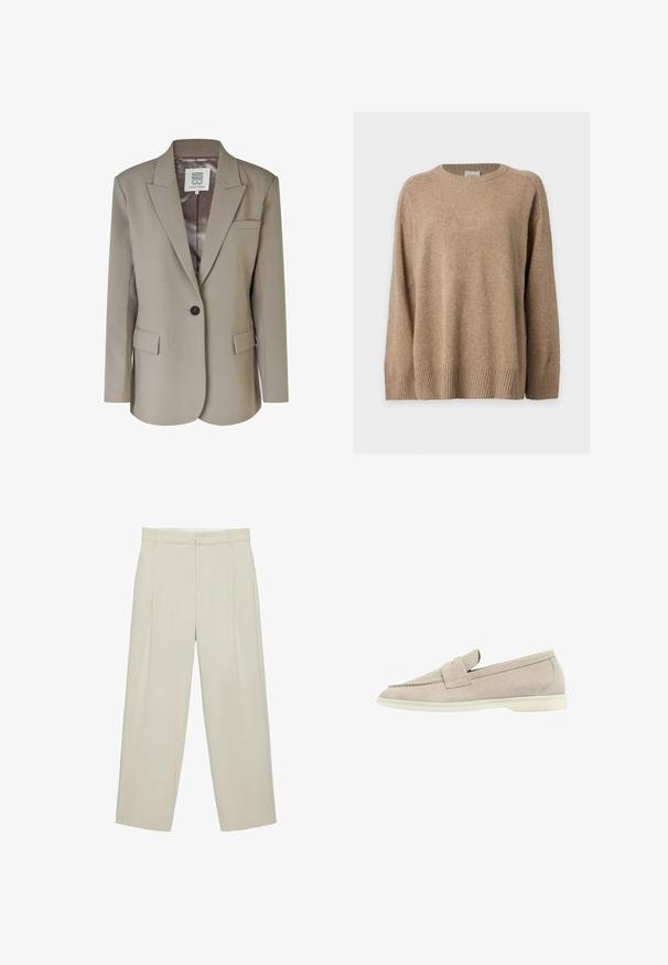 Blazer beige avec un col cranté, fermeture à un bouton, deux poches avant et une doublure intérieure en satin lisse. Coupe ajustée avec des épaules structurées.; Pull en maille beige à manches longues avec poignets, bas et col rond côtelés, présenté à plat sur fond blanc.; Pantalon beige taille haute cintré avec poches latérales, passants de ceinture et fermeture éclair devant, coupe droite.; Mocassin en suède beige clair avec une semelle blanche basse, un bout arrondi et une lanière cousue sur le dessus.