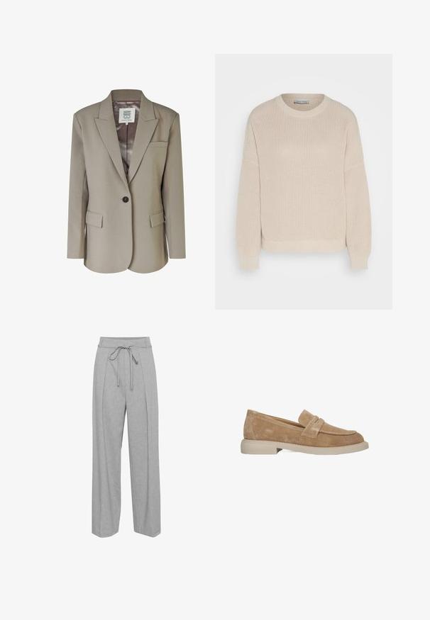 Beige blazer met een geknipt revers, enkele knoopsluiting, twee voorzakken en een gladde satijnen binnenvoering. Taillerende pasvorm met gestructureerde schouders.; Anna Field Trui - grey; Grijze linnen broek met wijde pijpen en een hoge taille, voorzien van een trekkoord, plooien aan de voorkant en een zachte, textuurachtige afwerking.; Bruine suède instappers met een ronde neus, decoratieve riemdetails en een lichtgekleurde, stevige rubberen zool. Fijn gestructureerd oppervlak.