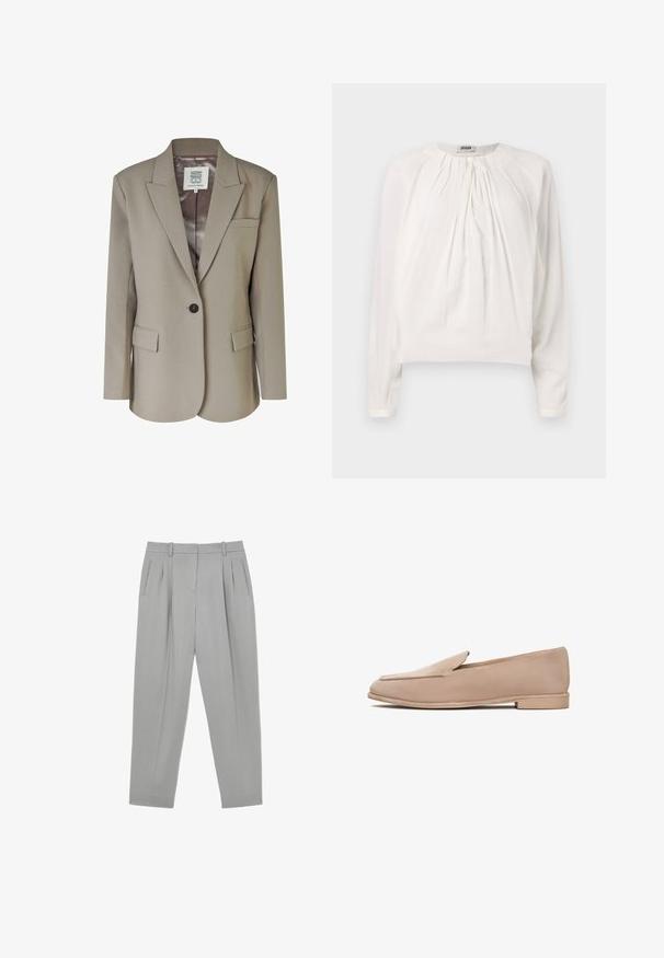 Beige blazer med nedskåret revers, enkel knaplukning, to frontlommer og en glat satinforing. Skræddersyet pasform med strukturerede skuldre.; Hvid langærmet bluse med rund halsudskæring og plisseret front. Blødt, glat stof med afslappet pasform og knapdetalje ved kraven.; Lysegrå formelle bukser med frontplisser, sidelommer, bæltestropper og en tilspidset benform.; Beige ruskind loafers med flad sål, en diskret spids tå og minimal syning langs kanterne. Glat tekstur hele vejen rundt.