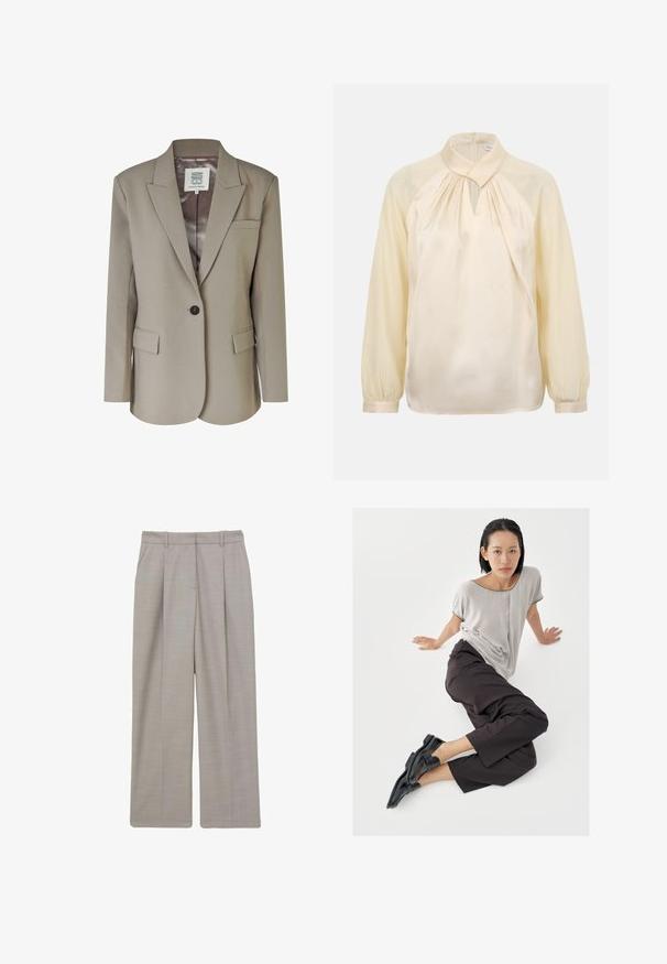 Blazer beige con solapa muesca, cierre de un solo botón, dos bolsillos frontales y un forro interior de satén suave. Corte ajustado con hombros estructurados.; Blusa de manga larga color crema con cuello alto, cuello plisado, abertura en forma de ojo de cerradura y puños abotonados.; Pantalones de pierna ancha en gris claro, con frente plisado, confeccionados en una tela texturizada. Presentan trabillas para cinturón y bolsillos laterales, con un diseño a medida.; Top de manga corta gris claro, pantalones anchos oscuros y mocasines negros. Tela suave, ajuste relajado y ribete en contraste en la camisa.