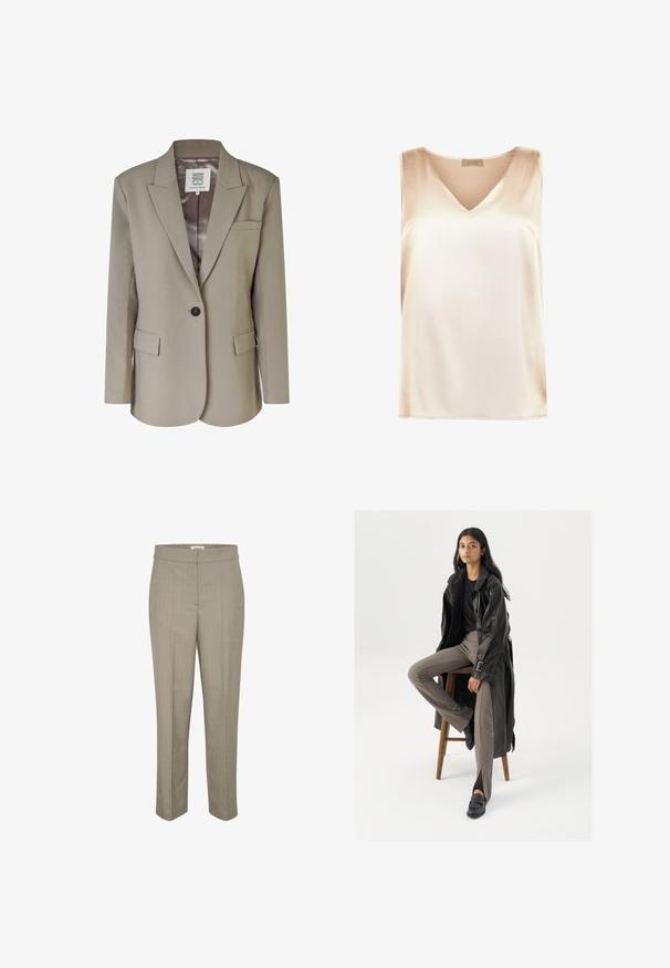 Beige blazer med nedskåret revers, enkel knaplukning, to frontlommer og en glat satinforing. Skræddersyet pasform med strukturerede skuldre.; Beige ærmeløs top lavet af glat stof med v-hals design og lige kant. Minimalistisk stil uden yderligere mønstre eller accenter.; Lyse beige skræddersyede bukser lavet af struktureret stof. Har en glat talje og lige ben-design med en subtil stribet mønster.; Sort læder trench coat med knapper og bælte detalje, parret med lysebrune tætsiddende bukser og sorte loafers, siddende på en træstol.
