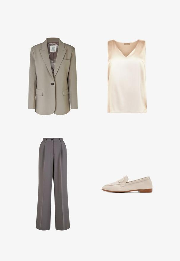 Beige blazer med nedskåret revers, enkel knaplukning, to frontlommer og en glat satinforing. Skræddersyet pasform med strukturerede skuldre.; Beige ærmeløs top lavet af glat stof med v-hals design og lige kant. Minimalistisk stil uden yderligere mønstre eller accenter.; Bredbukser i gråt stof med for-pletninger, en enkelt knaplukning og sidelommer. Glat tekstur og skræddersyet design.; Beige læderloafer med lav, stablet brun hæl og remdetalje tværs over toppen, vist i sideprofil på hvid baggrund.