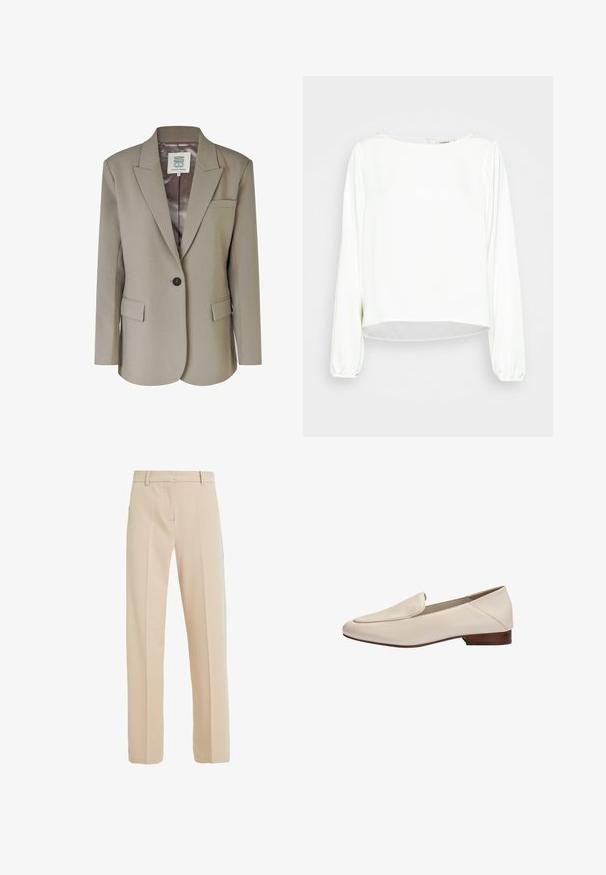 Beige blazer med nedskåret revers, enkel knaplukning, to frontlommer og en glat satinforing. Skræddersyet pasform med strukturerede skuldre.; Another-Label MAJA SHINY - Bluse - off-white; Beige skræddersyede bukser lavet af glat stof, med lige ben, sidelommer og folder nedad foran.; Beige læderloafer med lavt træhæl og afrundet firkantet tå, sidevisning mod hvid baggrund.