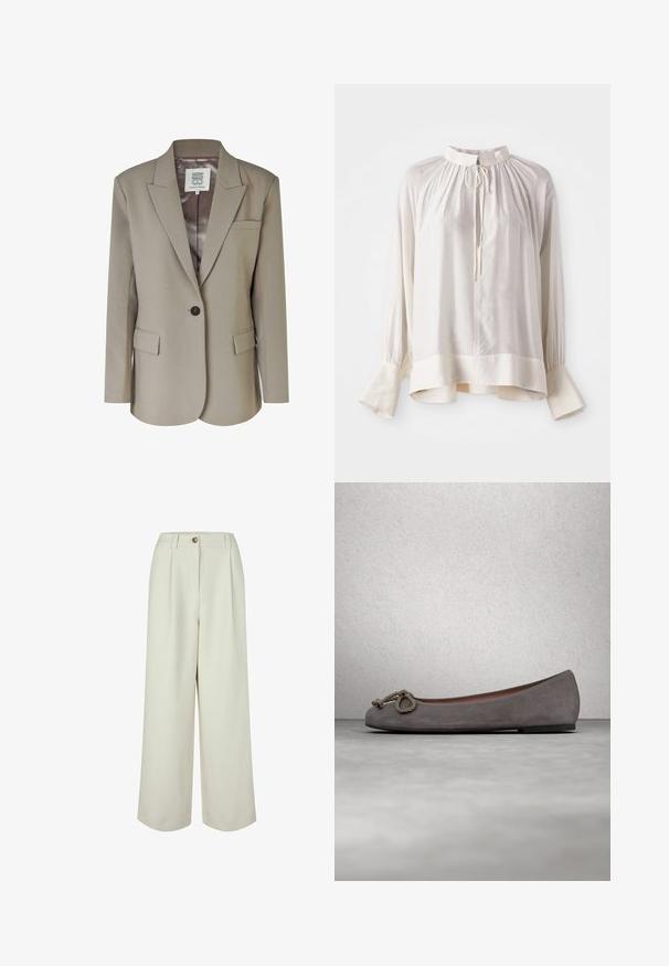 Blazer beige con solapa muesca, cierre de un solo botón, dos bolsillos frontales y un forro interior de satén suave. Corte ajustado con hombros estructurados.; Blusa de seda blanca con un cuello alto, escote fruncido y mangas largas con puños acampanados y un sutil brillo.; Pantalones anchos de corte alto en color crema, con trabillas para cinturón, cierre de botón y pliegues delanteros, diseñados para un ajuste relajado.; Bailarinas de ante gris con puntera redonda, adorno de cuerda anudada y un sutil ribete en contraste a lo largo del borde. Suela plana y flexible.