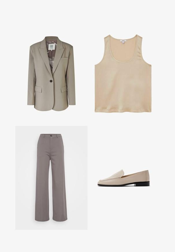 Beige blazer med nedskåret revers, enkel knaplukning, to frontlommer og en glat satinforing. Skræddersyet pasform med strukturerede skuldre.; Reiss REGULAR FIT - Bluse - neutral; Bredde bukser i et blødt gråt stof. Har en knaplukning og rene sømme. Glat tekstur uden synlige mønstre eller udsmykninger.; Beige læderloafers med en glat tekstur, rund tå og minimal syning. Med en lav sort hæl og slip-on design.