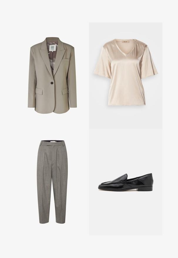 Blazer beige avec un col cranté, fermeture à un bouton, deux poches avant et une doublure intérieure en satin lisse. Coupe ajustée avec des épaules structurées.; T-shirt en satin beige avec un col en V, des manches courtes évasées et une texture lisse. Le design est simple, sans motifs ni embellissements.; Pantalons gris plissés en motif chevron, avec une taille plate et une jambe fuselée, fabriqués en tissu lisse.; Mocassins en cuir noir avec une finition lisse, dotés d'un design cousu le long du bord avant et d'un petit talon carré.